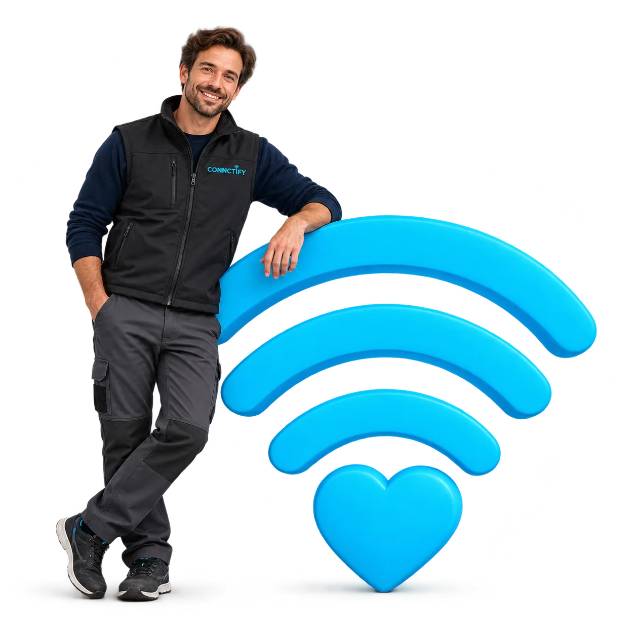 Illustratief campagnebeeld van een glimlachende Connctify-monteur bij het WiFi-hart