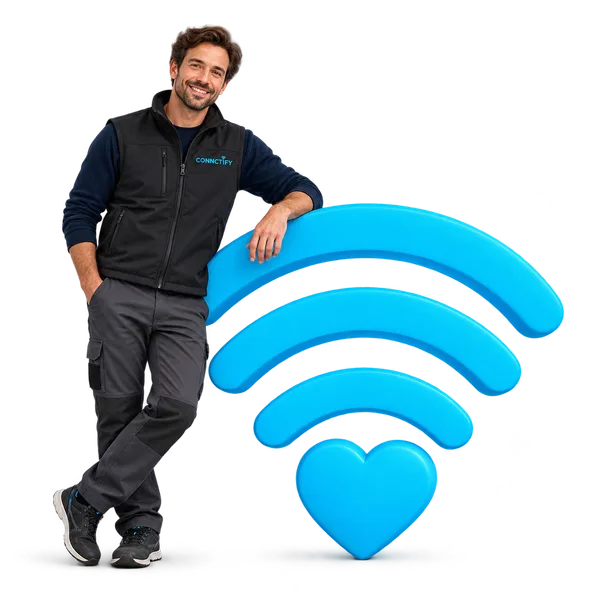 Illustratief campagnebeeld: de Connctify-monteur bij het WiFi-hart