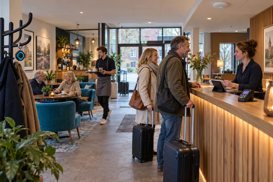 Illustratief campagnebeeld van een herkenbare Nederlandse hotellobby met gasten en medewerkers