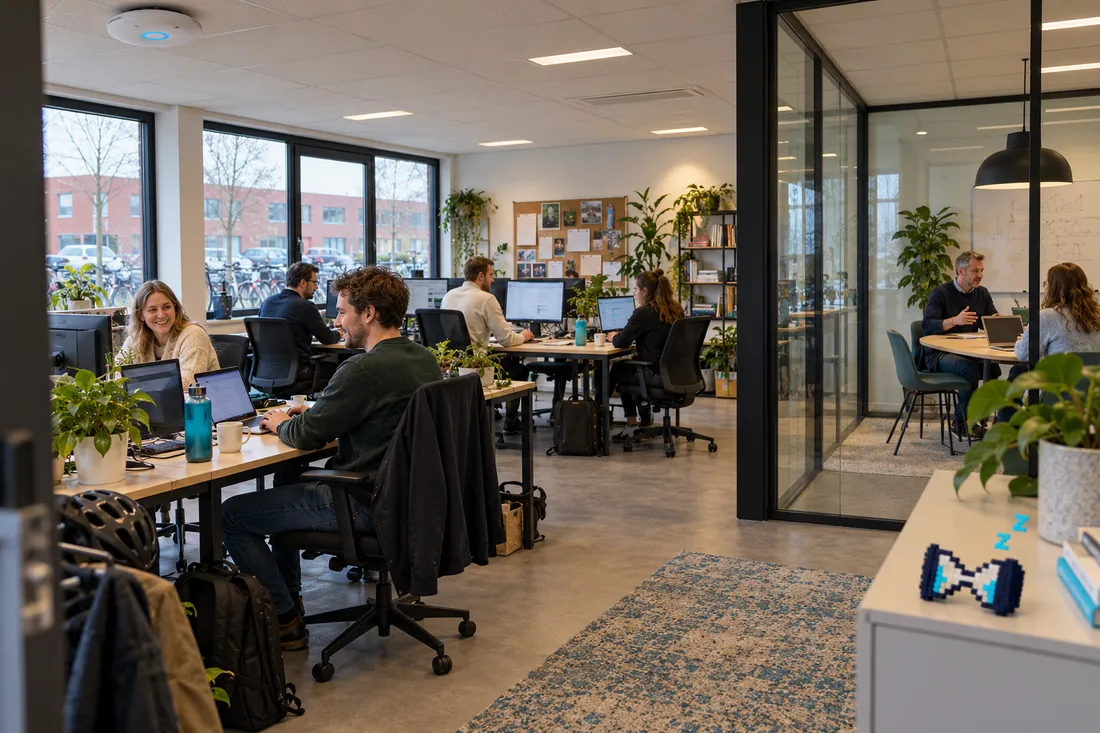 Illustratief campagnebeeld van een herkenbaar Nederlands kantoor met meerdere werkplekken