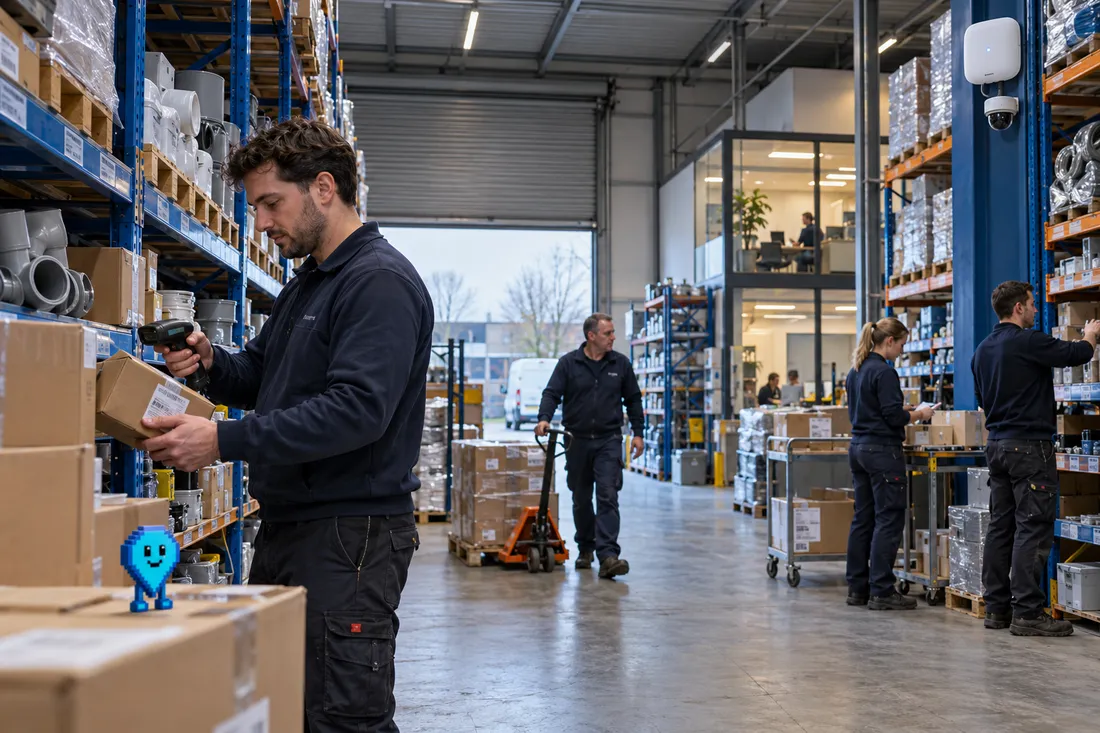 Illustratief campagnebeeld van een Nederlands magazijn met medewerkers, stellingen en scanners